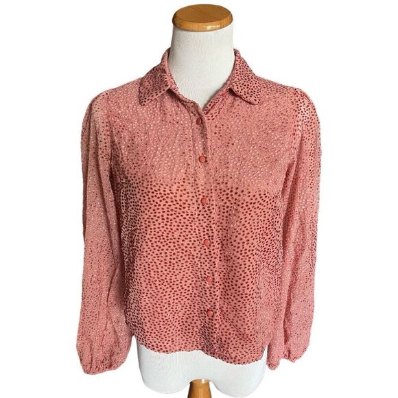 Womens Lulus Positive Influences Blush Pink Dotted Long Sleeve Button-Up Top - X - Picture 5 of 7